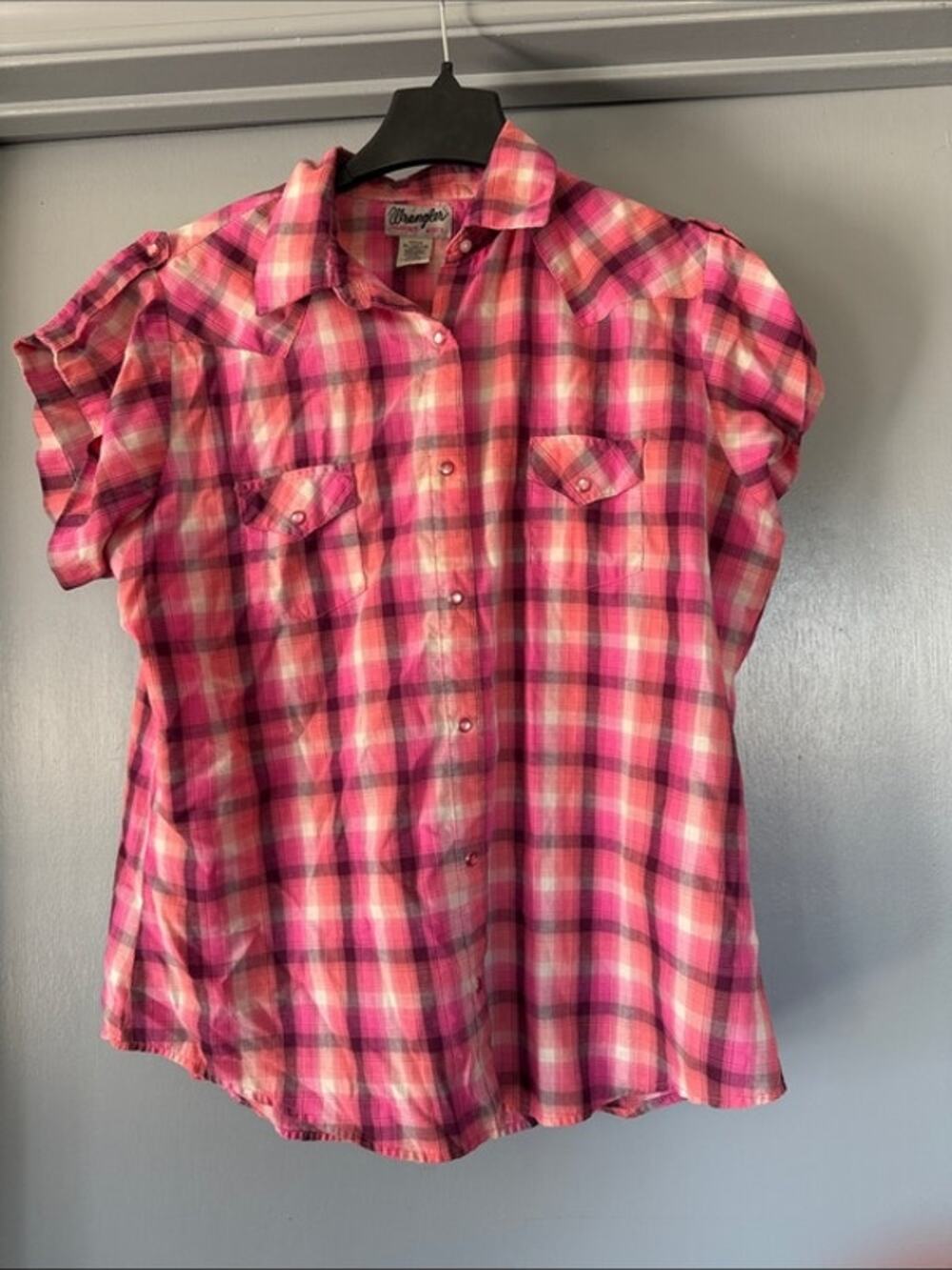 Wrangler Wrancher Pink Plaid Short Sleeve Western Pearl Snap Shirt size XL